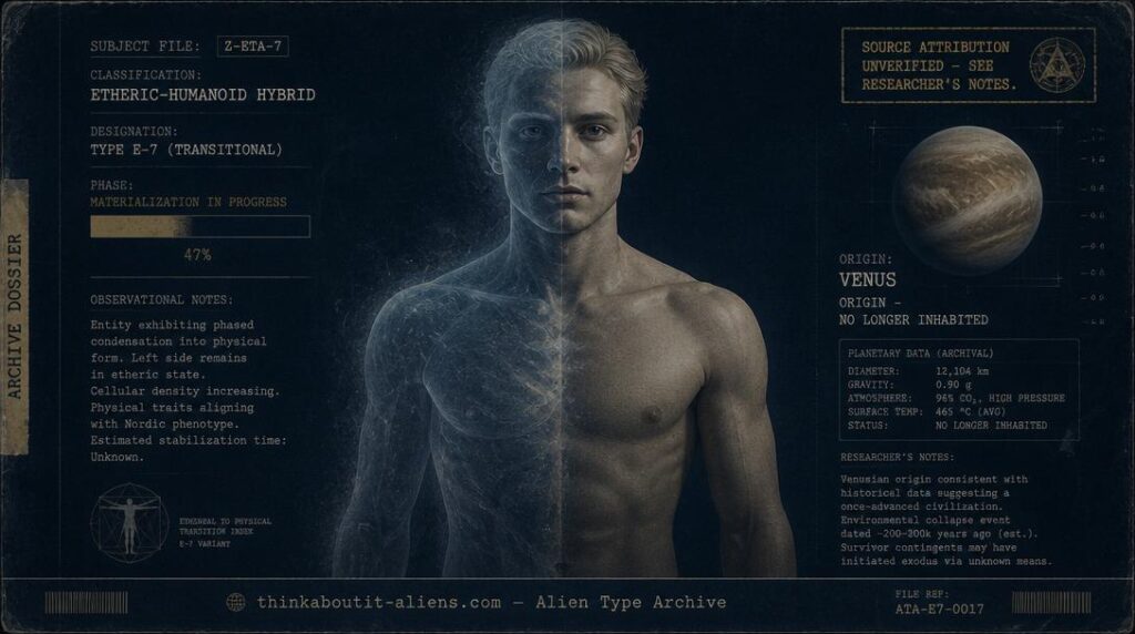Dossier illustration of a half-etheric, half-solid humanoid figure resolving into physical form, representing the Nors