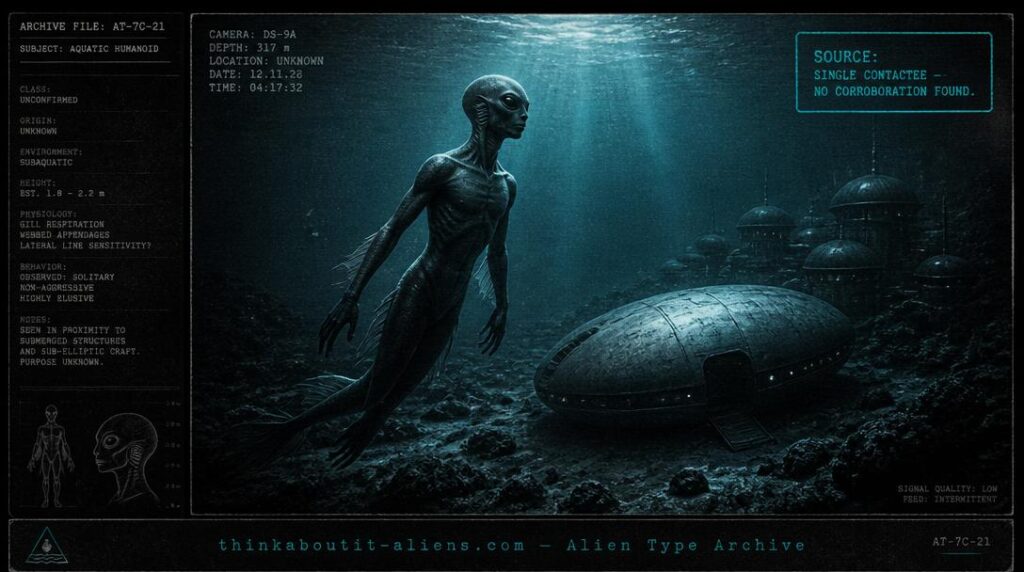 Dossier illustration of a gilled, fish-like Nyptonian figure near an egg-shaped craft in an underwater base