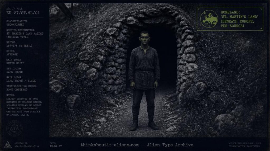 Dossier illustration of an ordinary human figure with olive-toned skin at a cavern entrance, representing the Oliverians