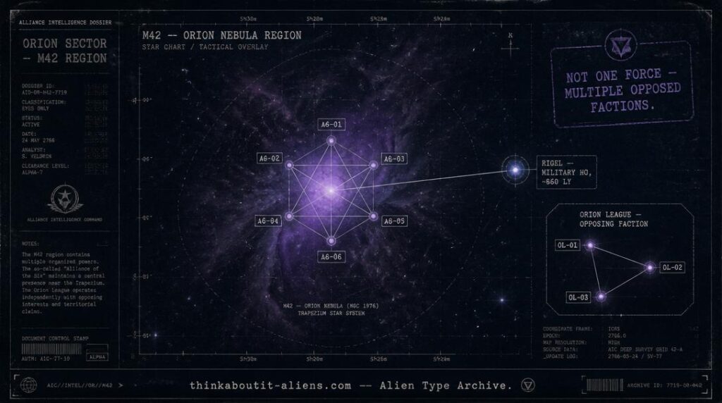 Star-chart dossier illustration of the Orion Nebula region showing the Alliance of the Six, Rigel headquarters, and the opposing Orion League