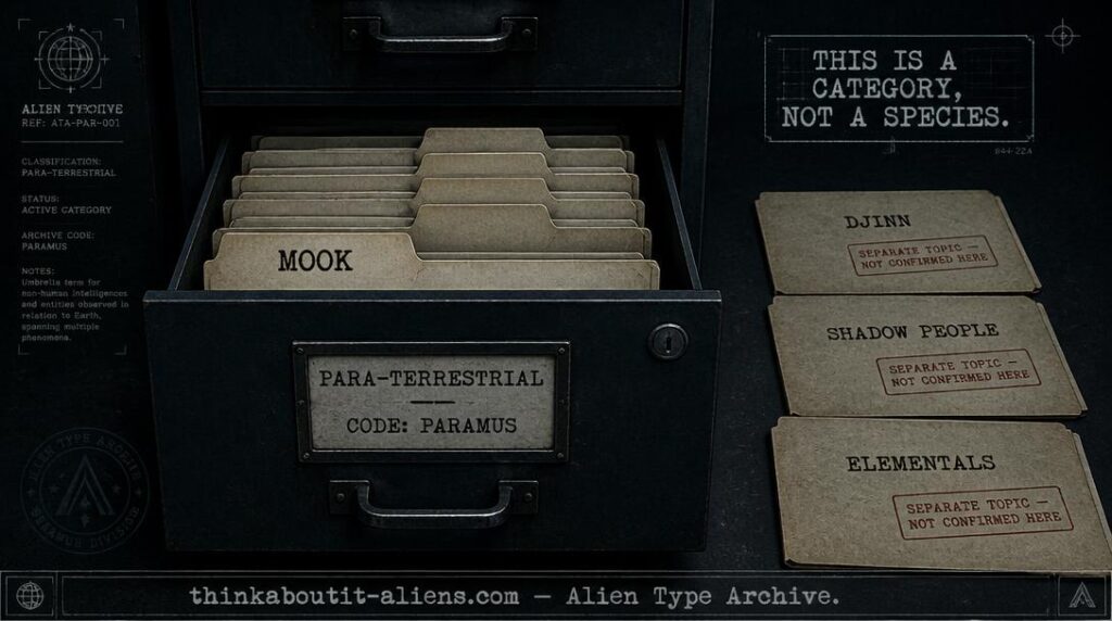 Dossier illustration of an open filing drawer labeled Para-Terrestrial containing a Mook folder, with separate unrelated folders set aside