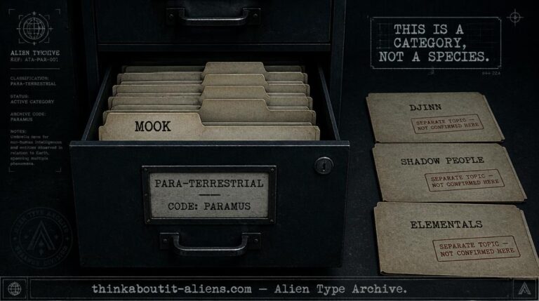 Dossier illustration of an open filing drawer labeled Para-Terrestrial containing a Mook folder, with separate unrelated folders set aside