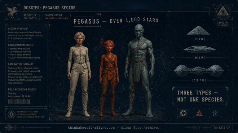 Dossier illustration of three distinct Pegasian humanoid types standing before a wide Pegasus star field with three ship silhouettes