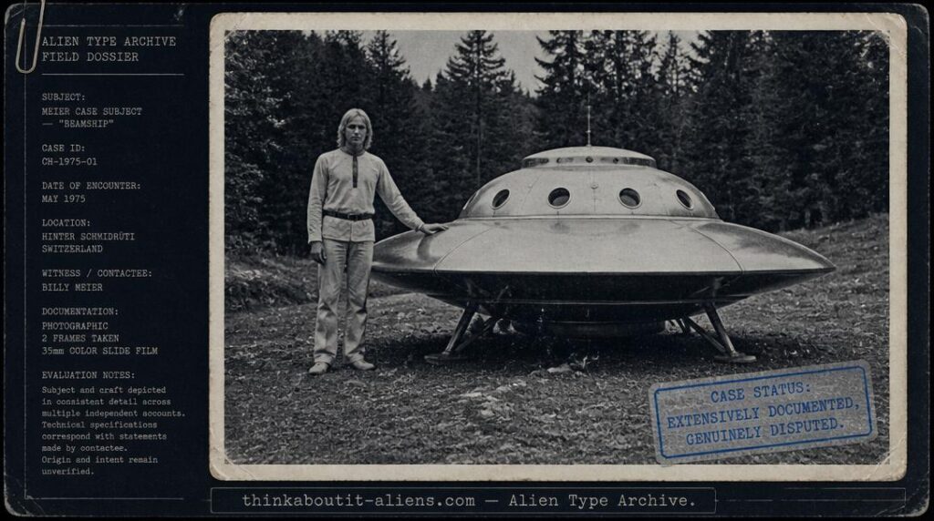 Dossier illustration of a tall fair-haired Pleiadean figure beside a disc-shaped Beamship, framed in a period photograph style