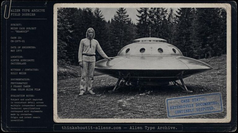 Dossier illustration of a tall fair-haired Pleiadean figure beside a disc-shaped Beamship, framed in a period photograph style