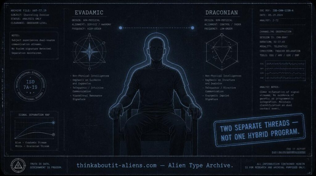 Dossier illustration of a seated channeler with an overlapping silhouette, beside a split Evadamic/Draconian diagram