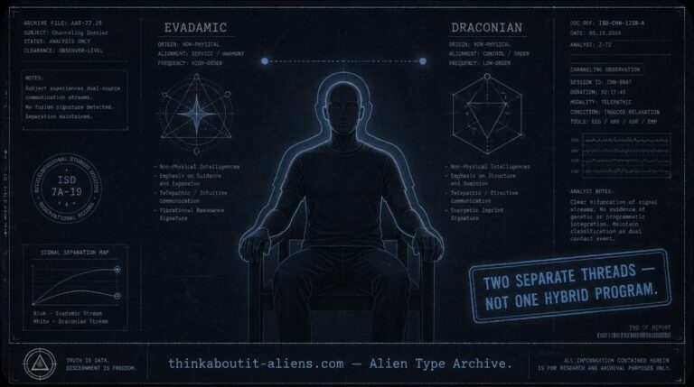 Dossier illustration of a seated channeler with an overlapping silhouette, beside a split Evadamic/Draconian diagram