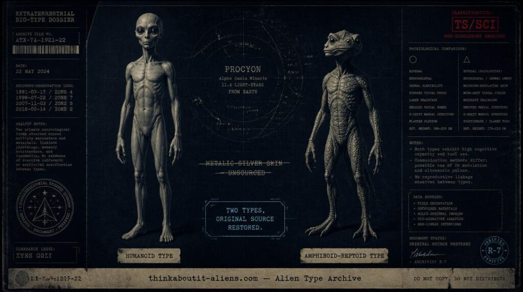 Dossier illustration comparing a humanoid Procyon figure and a scaly Amphiboid-Reptoid figure, with a corrected star-chart note
