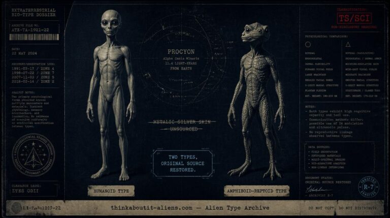 Dossier illustration comparing a humanoid Procyon figure and a scaly Amphiboid-Reptoid figure, with a corrected star-chart note