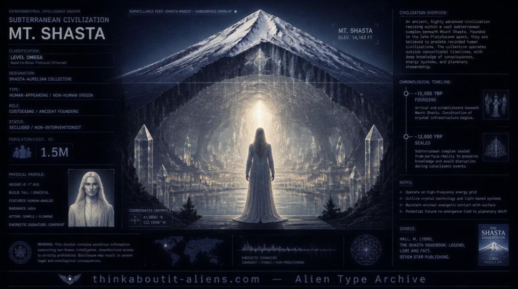 Illustration of a tall, luminous Telosian figure standing in a crystal-lit underground chamber beneath a translucent cutaway of Mount Shasta, styled as a military intelligence dossier image