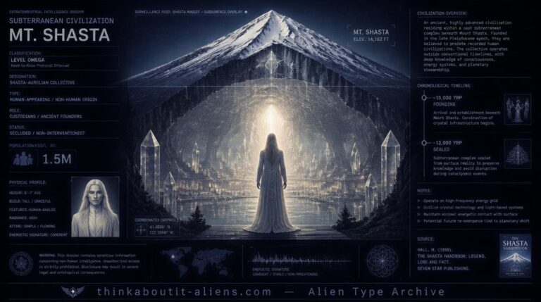 Illustration of a tall, luminous Telosian figure standing in a crystal-lit underground chamber beneath a translucent cutaway of Mount Shasta, styled as a military intelligence dossier image