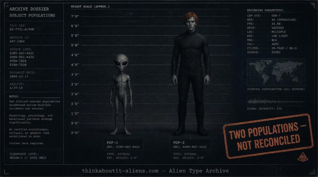 Dossier illustration comparing a small black-eyed Grey-type figure and a taller reddish-haired humanoid figure, representing the two documented Orange populations