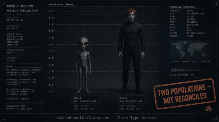 Dossier illustration comparing a small black-eyed Grey-type figure and a taller reddish-haired humanoid figure, representing the two documented Orange populations