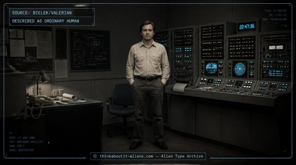 Ordinary-looking man standing beside monitoring equipment in a dim 1970s control room, illustrating the corrected Antariean/Antarean alien type described as indistinguishable from humans
