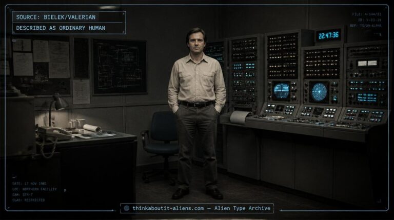 Ordinary-looking man standing beside monitoring equipment in a dim 1970s control room, illustrating the corrected Antariean/Antarean alien type described as indistinguishable from humans