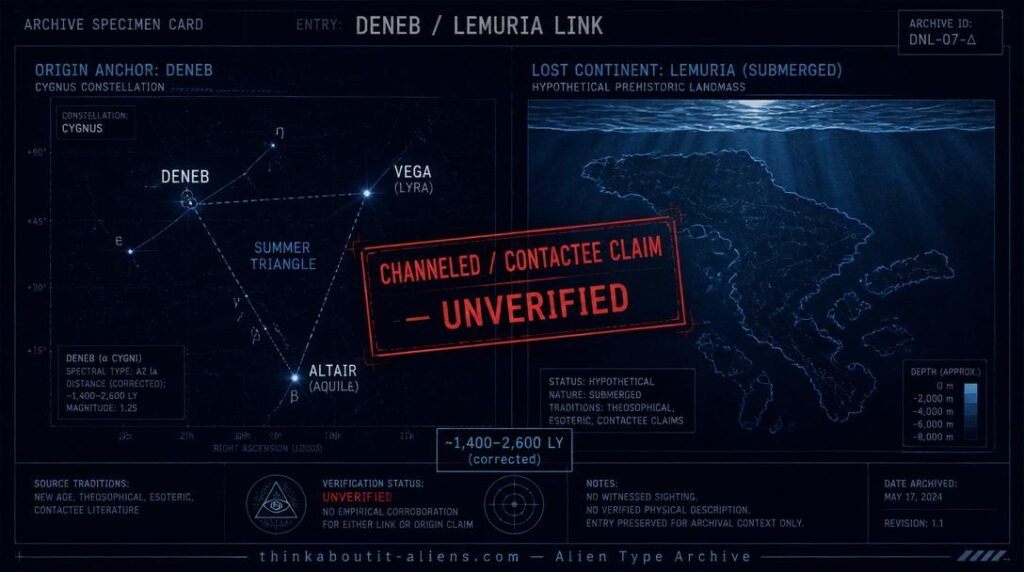 Archive illustration split between a Cygnus constellation star map and a submerged Lemurian coastline, representing the two unrelated sources behind the Deneb alien type
