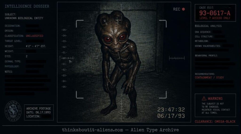 Dossier-style illustration of an Akart, the small red-eyed being linked to the 1996 Varginha, Brazil entity case