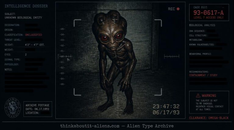 Dossier-style illustration of an Akart, the small red-eyed being linked to the 1996 Varginha, Brazil entity case