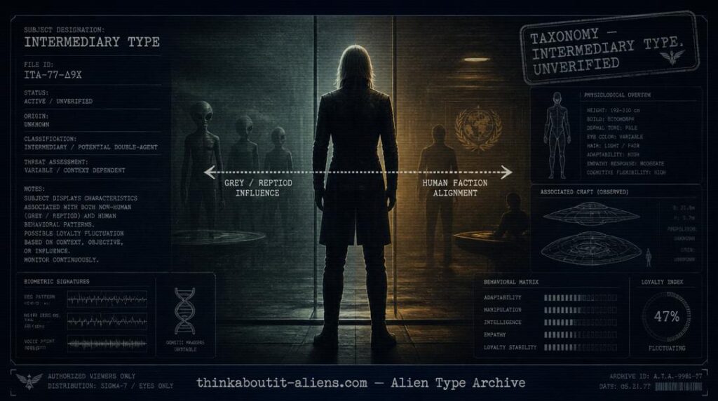 Dossier-style illustration of a Nordic-featured humanoid figure positioned between two opposing factional influences, representing the Aryan alien type's divided-loyalty description.