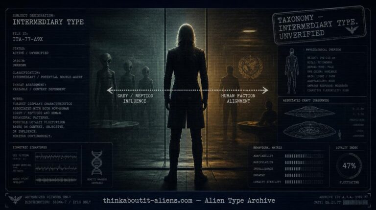 Dossier-style illustration of a Nordic-featured humanoid figure positioned between two opposing factional influences, representing the Aryan alien type's divided-loyalty description.