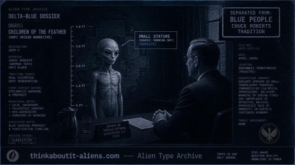 Dossier-style illustration of a small, translucent-skinned humanoid figure with large almond eyes in a 1940s diplomatic setting, representing Robert Morning Sky's account of the Blues.