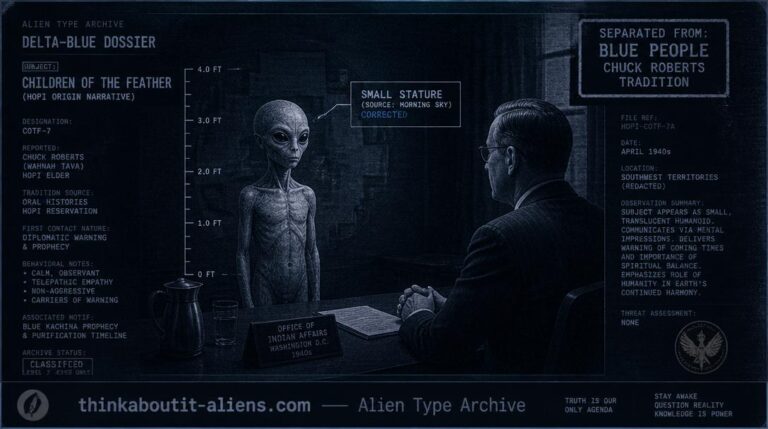 Dossier-style illustration of a small, translucent-skinned humanoid figure with large almond eyes in a 1940s diplomatic setting, representing Robert Morning Sky's account of the Blues.