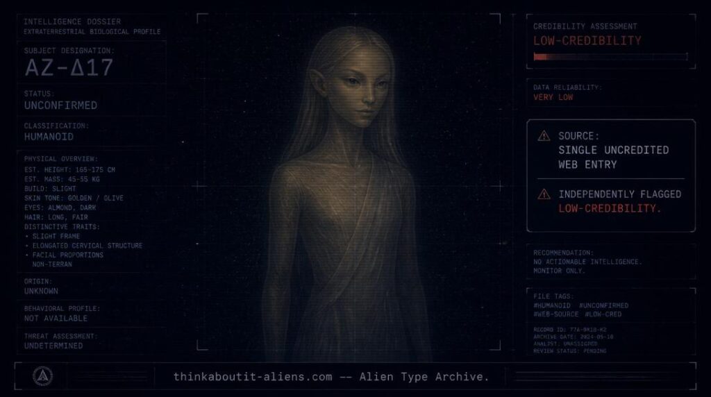 Faint dossier-style illustration of a golden-skinned Ishnaan figure against a blank star field