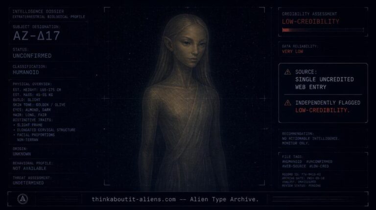 Faint dossier-style illustration of a golden-skinned Ishnaan figure against a blank star field