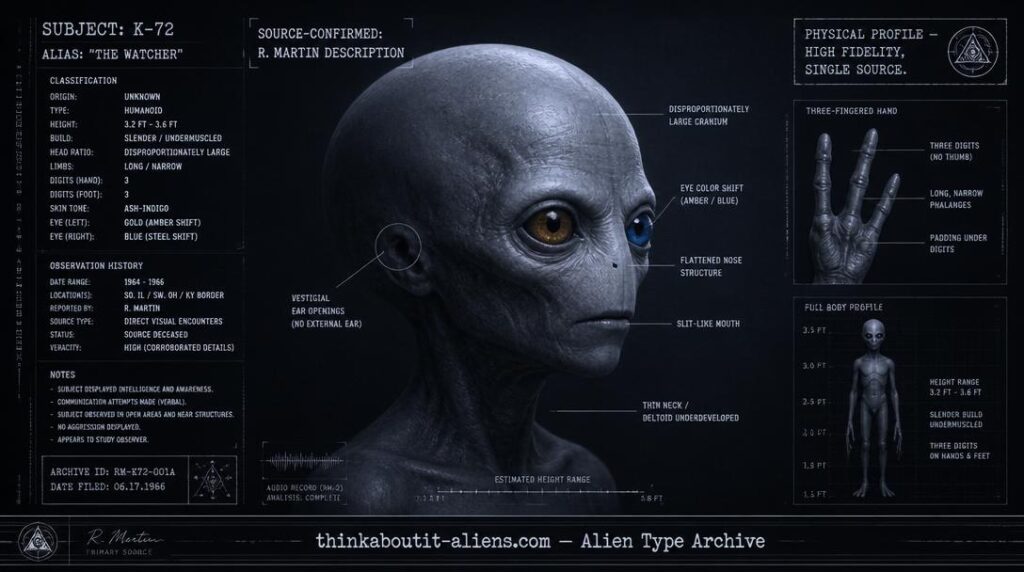 Dossier-style anatomical illustration of a small, big-headed humanoid with a three-fingered hand inset, vestigial ears, flattened nose, and gold/blue eyes, based on Riley Martin's description.