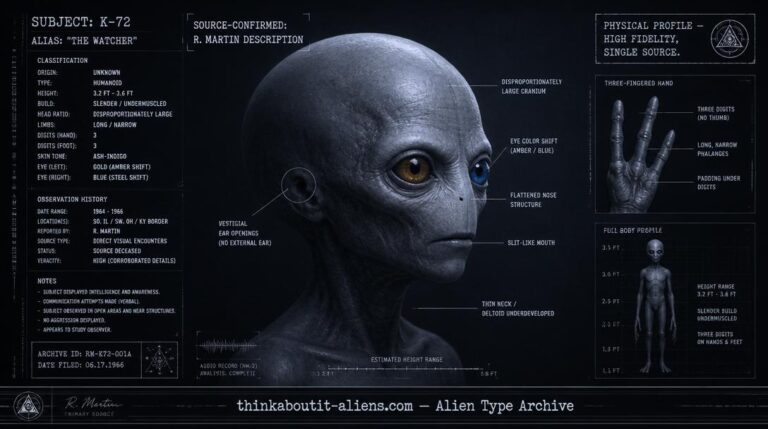 Dossier-style anatomical illustration of a small, big-headed humanoid with a three-fingered hand inset, vestigial ears, flattened nose, and gold/blue eyes, based on Riley Martin's description.