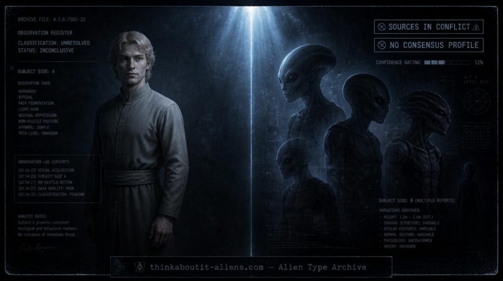 Split-composition image of a fair-haired humanoid figure beside indistinct overlapping silhouettes, illustrating the contradictory sourcing of the Altairians alien type