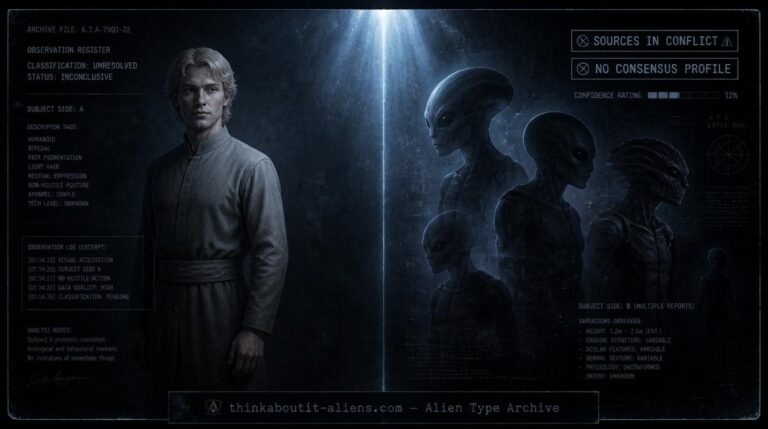 Split-composition image of a fair-haired humanoid figure beside indistinct overlapping silhouettes, illustrating the contradictory sourcing of the Altairians alien type