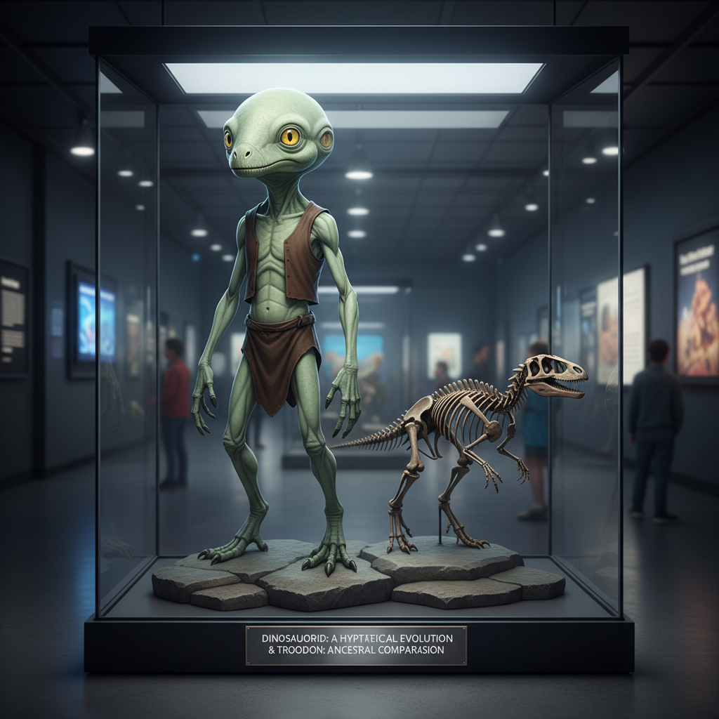 A museum exhibit showing the hypothetical Dinosauroid next to a Troodon skeleton.