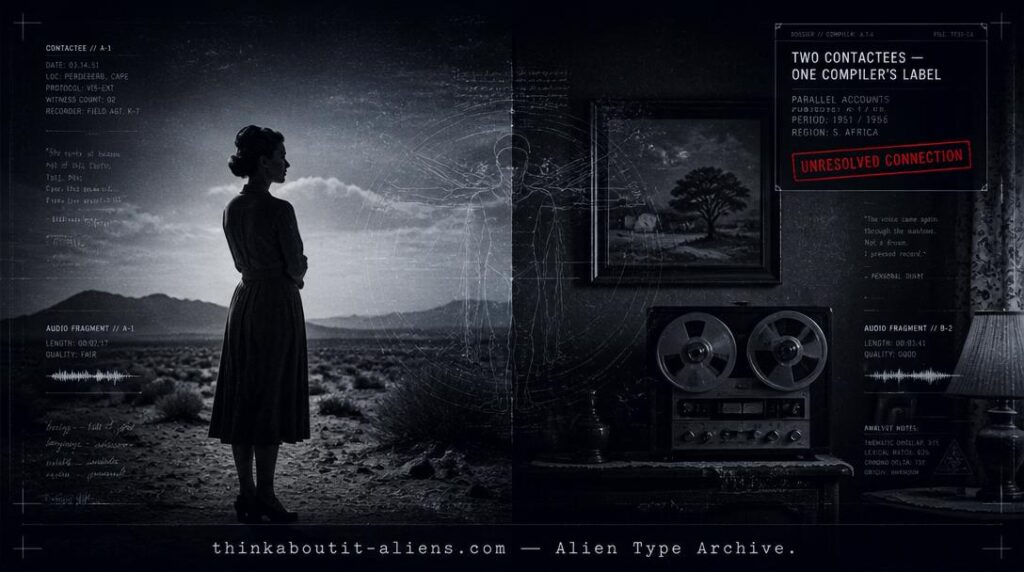 Dossier-style split image of a desert scene with a composed female silhouette and a 1960s domestic scene with a reel-to-reel recorder, referencing the Meier and White Dals contact claims