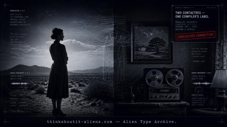 Dossier-style split image of a desert scene with a composed female silhouette and a 1960s domestic scene with a reel-to-reel recorder, referencing the Meier and White Dals contact claims