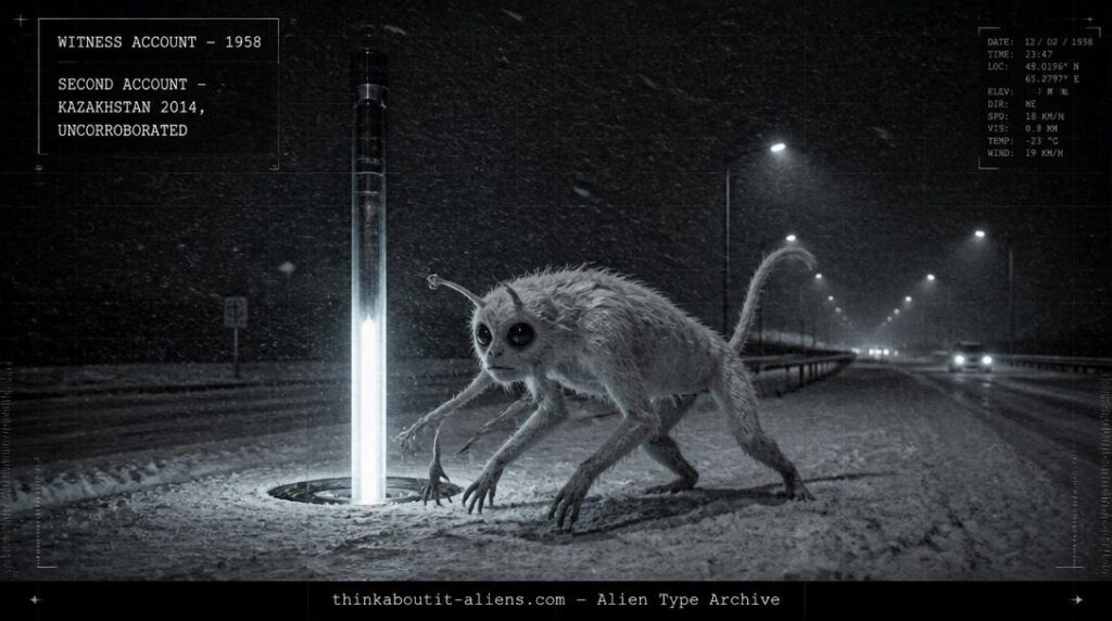 Four-legged, white-furred creature with large dark eyes beside a retracting illuminated rod in a 1958 snowstorm, illustrating the Alien Dog / Delta Aliens case