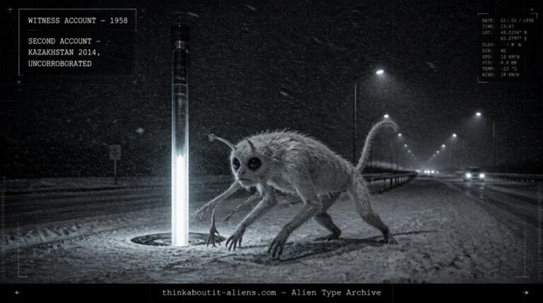 Four-legged, white-furred creature with large dark eyes beside a retracting illuminated rod in a 1958 snowstorm, illustrating the Alien Dog / Delta Aliens case