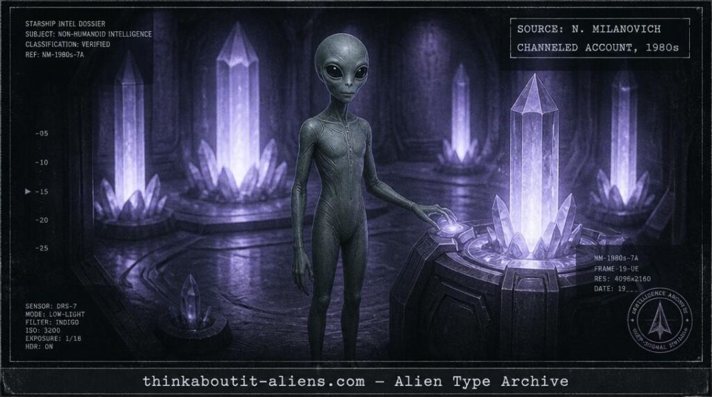 Small greenish humanoid figure with large dark eyes standing in a glowing crystalline starship chamber, illustrating Norma Milanovich's Arcturian contact account