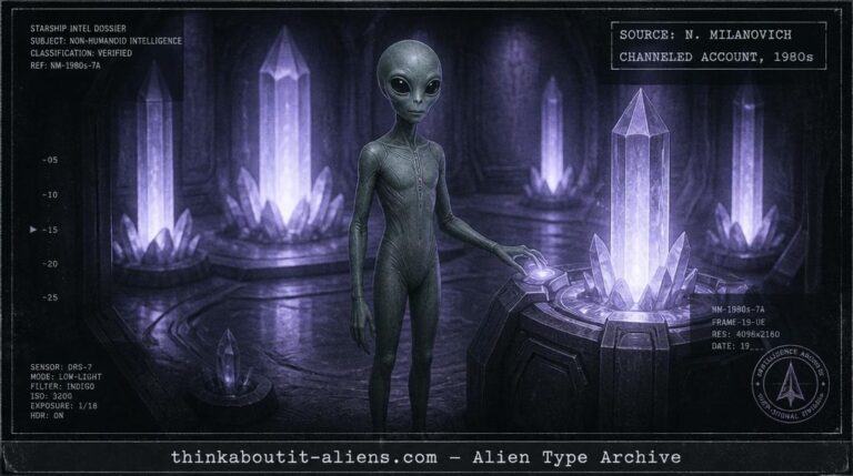 Small greenish humanoid figure with large dark eyes standing in a glowing crystalline starship chamber, illustrating Norma Milanovich's Arcturian contact account