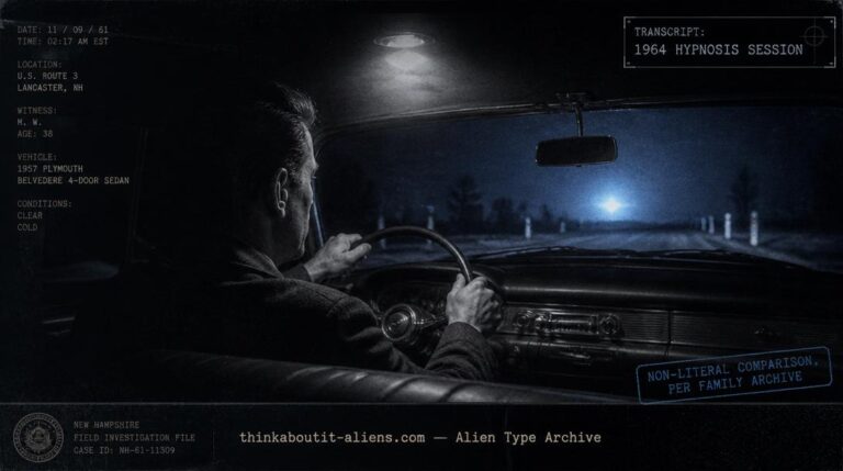 A man gripping the wheel of a parked 1957 sedan at night, faint unexplained light reflected on his face, illustrating the Barney Hill hypnosis session at the center of the Antarctican narrative