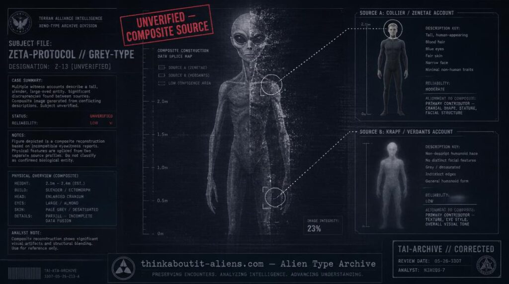 Dossier-style illustration showing the fabricated "Axthadans" entry as a composite of two separate contactee accounts, with unverified stamp overlay.