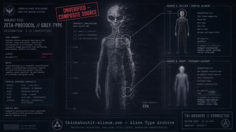 Dossier-style illustration showing the fabricated "Axthadans" entry as a composite of two separate contactee accounts, with unverified stamp overlay.