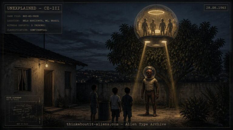 Illustration of a one-eyed humanoid entity descending from a transparent spherical UFO in a 1963 Brazil backyard encounter