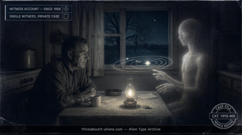 A man at a farmhouse table with a tall softly-lit humanoid figure and a glowing orbital diagram between them, illustrating the Lloyd Zirbes Alcyone contact case