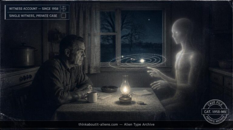 A man at a farmhouse table with a tall softly-lit humanoid figure and a glowing orbital diagram between them, illustrating the Lloyd Zirbes Alcyone contact case