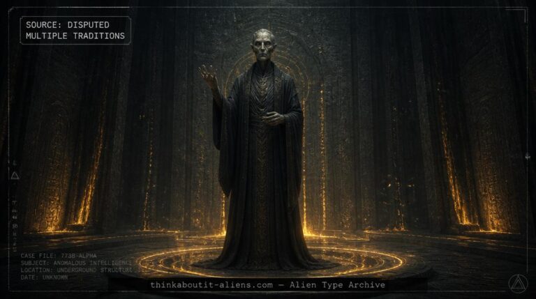 Tall robed humanoid figure with an ancient face standing in a glowing underground chamber, illustrating the Agharta/Aghartians legend