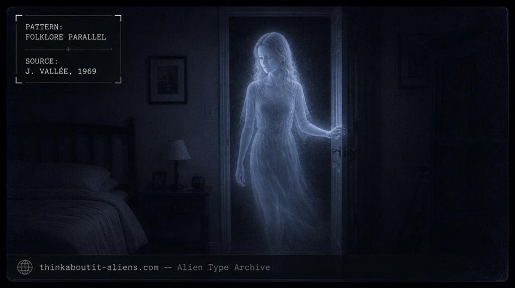 Translucent shimmering humanoid figure passing through a doorframe in an ordinary bedroom at night, illustrating the Apparition/Hologram alien type and its folklore parallels per Jacques Vallée