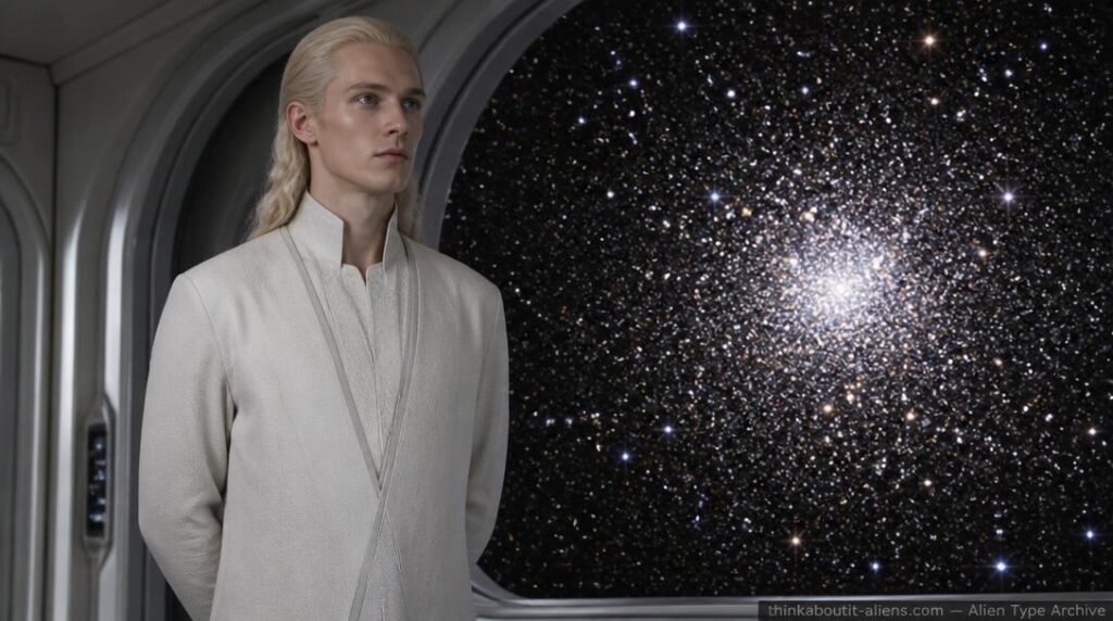 Dossier-style portrait of a tall, fair-haired Nordic-appearing humanoid standing before the glittering Hyades star cluster, viewed through an observation window