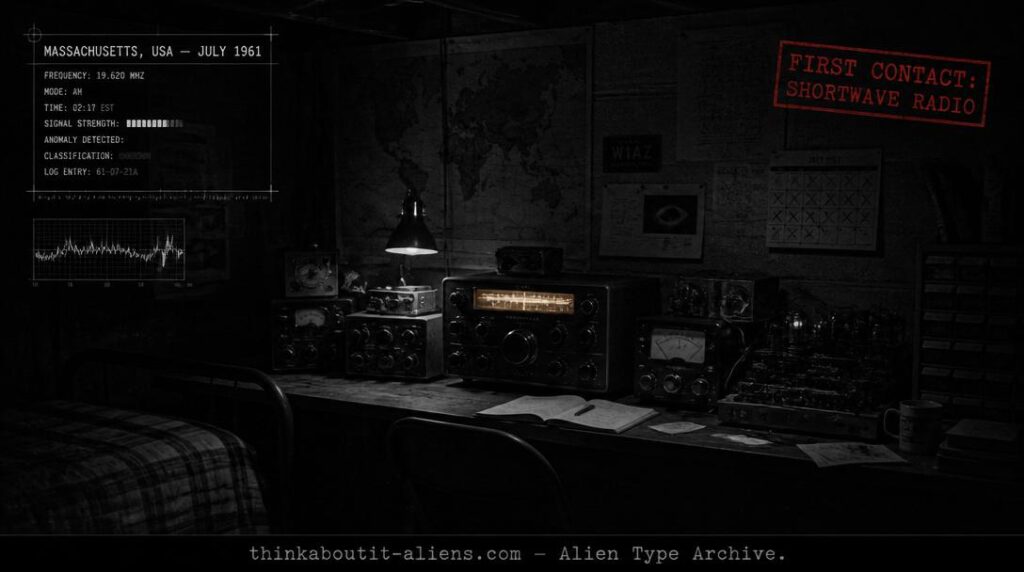 Dossier-style rendering of a teenage boy's basement radio workshop at night, referencing Bob Renaud's July 1961 first contact with the Korendians