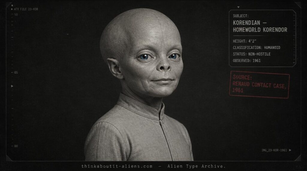 Dossier-style portrait of a short, blue-eyed Korendian humanoid with a rounded head and white-but-tanned skin, referencing the Bob Renaud contact case